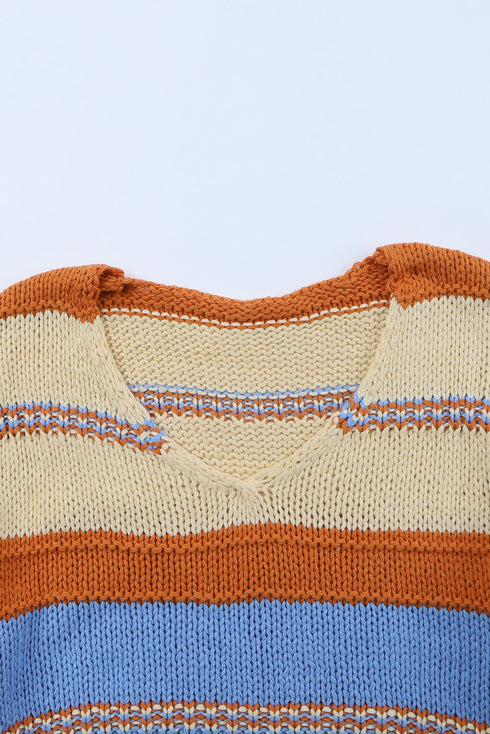 V-Neck Knitted Lantern Sleeve Pullover Sweater